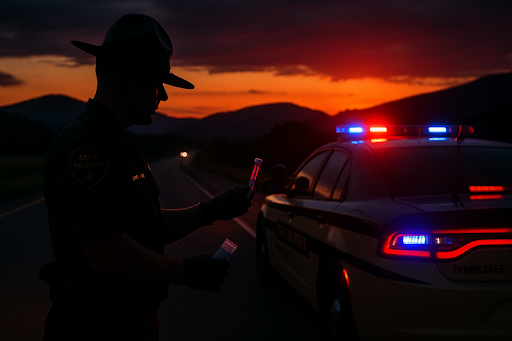 Approved – 14 July – Oral-Fluid DUI Tests Arrive in Tennessee_ How the New ‘Spit Test’ Could Change Traffic Stops (1) Tennessee State Trooper prepares a roadside oral-fluid DUI swab at sunset beside a patrol car with flashing lights.