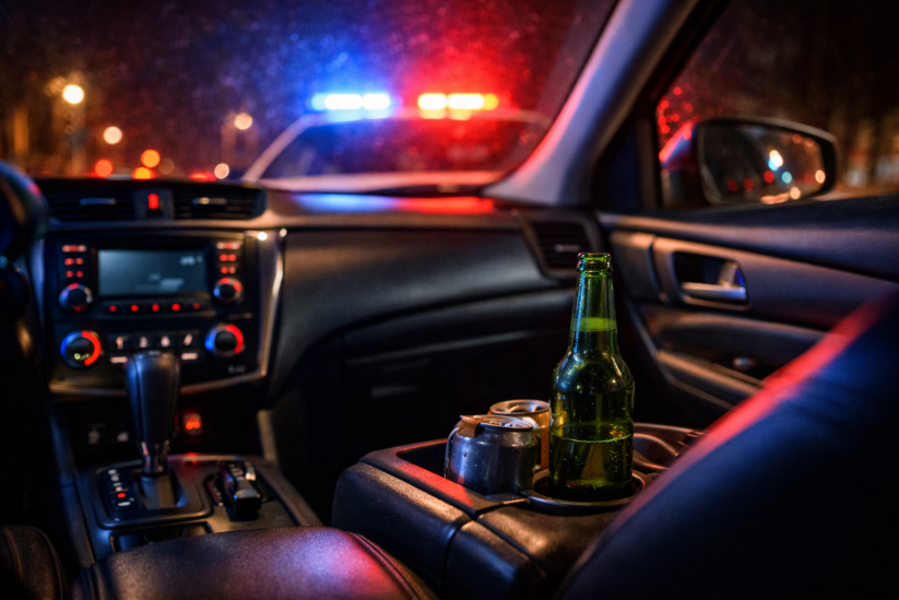 passenger-drinking-laws-tennessee-vehicle-interior.jpg Vehicle interior with alcohol container highlighting Tennessee passenger drinking laws and open container risks.
