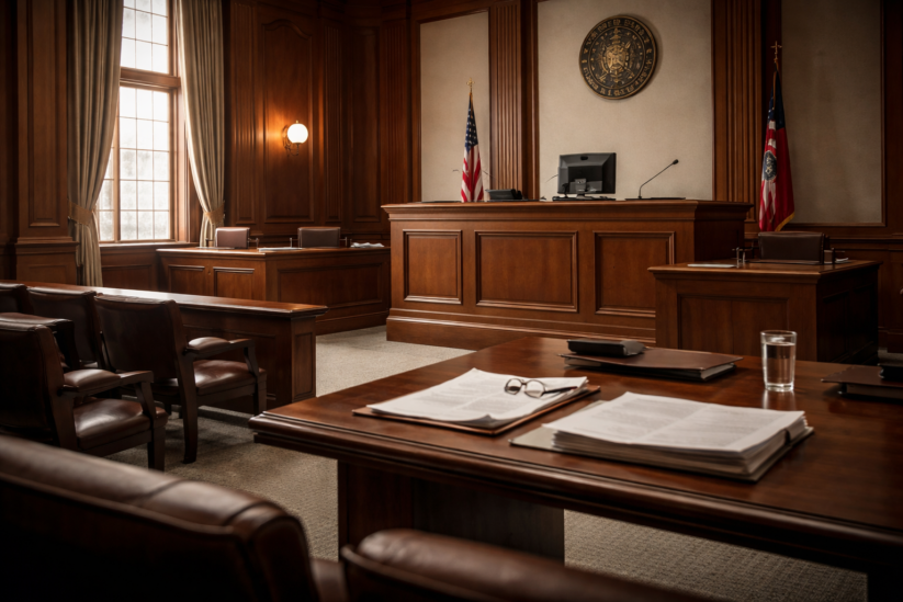 criminal-court-reset-chattanooga-courtroom empty criminal courtroom in Chattanooga representing a criminal court reset and continuance hearing.