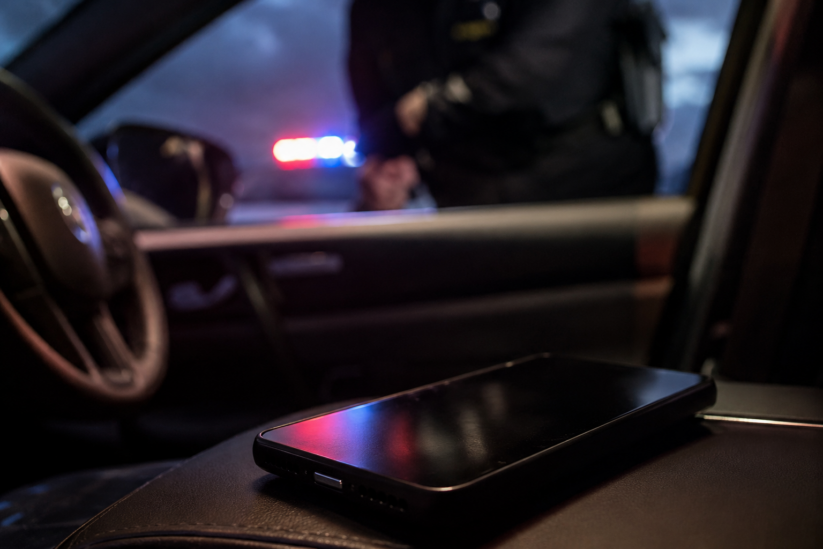 tennessee-dui-cell-phone-investigation Cell phone inside a vehicle during a Tennessee DUI investigation with police lights visible outside the car