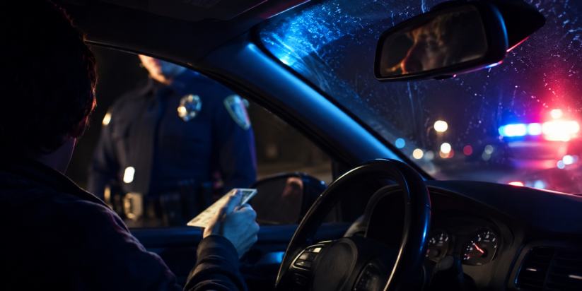 lying-to-police-tennessee-traffic-stop Anonymous driver holding identification during a nighttime Tennessee police traffic stop with patrol lights reflecting through the windshield.