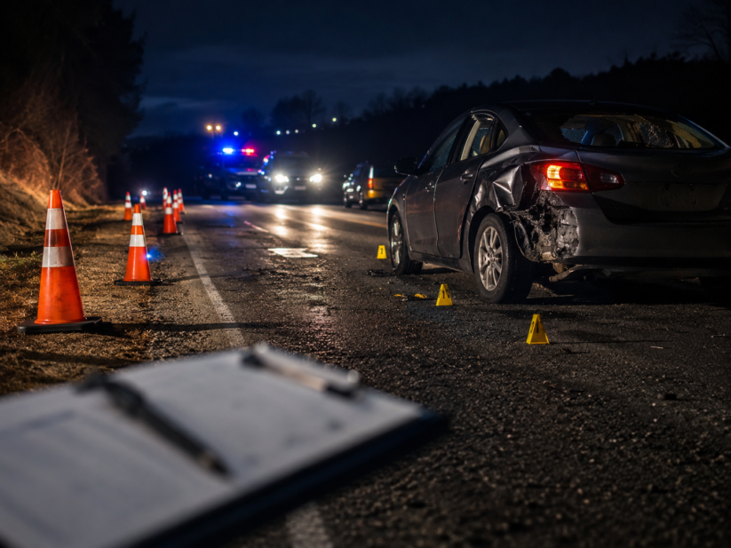 tennessee-fatal-hit-and-run-penalty-2026 Damaged vehicle at a Tennessee accident scene with emergency lights in the distance.