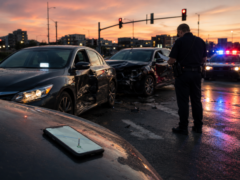 uber-accident-police-statement-tennessee.jpg Police officer reviewing a rideshare accident scene in Tennessee with damaged vehicles and phone GPS evidence.