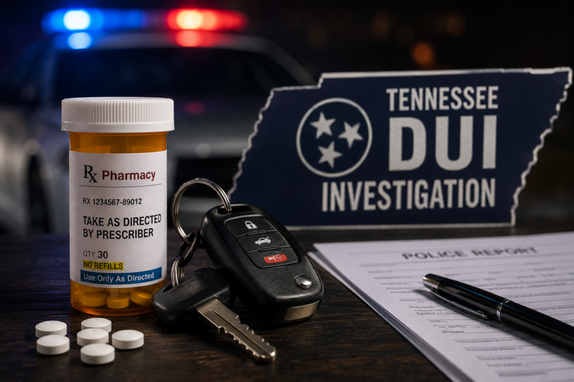 prescription-drug-dui-tennessee Prescription medication bottle beside car keys in a Tennessee DUI investigation