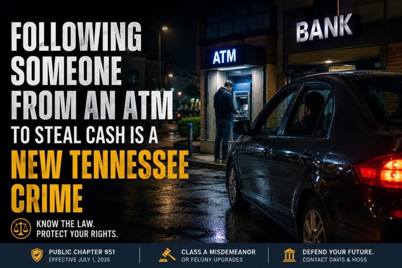 tennessee-atm-theft-law Tennessee ATM Theft Law Graphic Showing A Person At An ATM Being Followed By A Vehicle Outside A Bank At Night