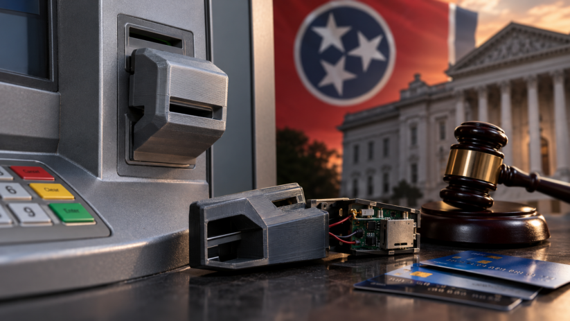 tennessee-3d-printed-atm-skimmer-fraud-charges (1) 3D-printed ATM skimmer with electronic components, credit cards, and a judge's gavel representing fraud and identity theft charges in Tennessee.